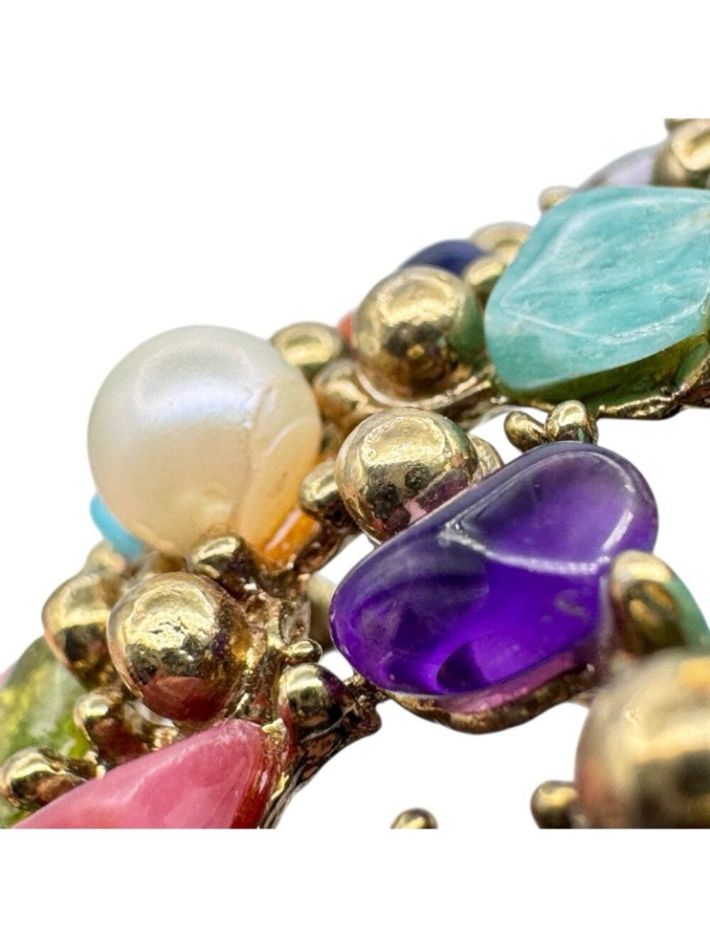 Vintage Multicolor Gemstone Chip Cluster Brooch 70s BOHO Gold Tone Cast Setting - Picture 6 of 16